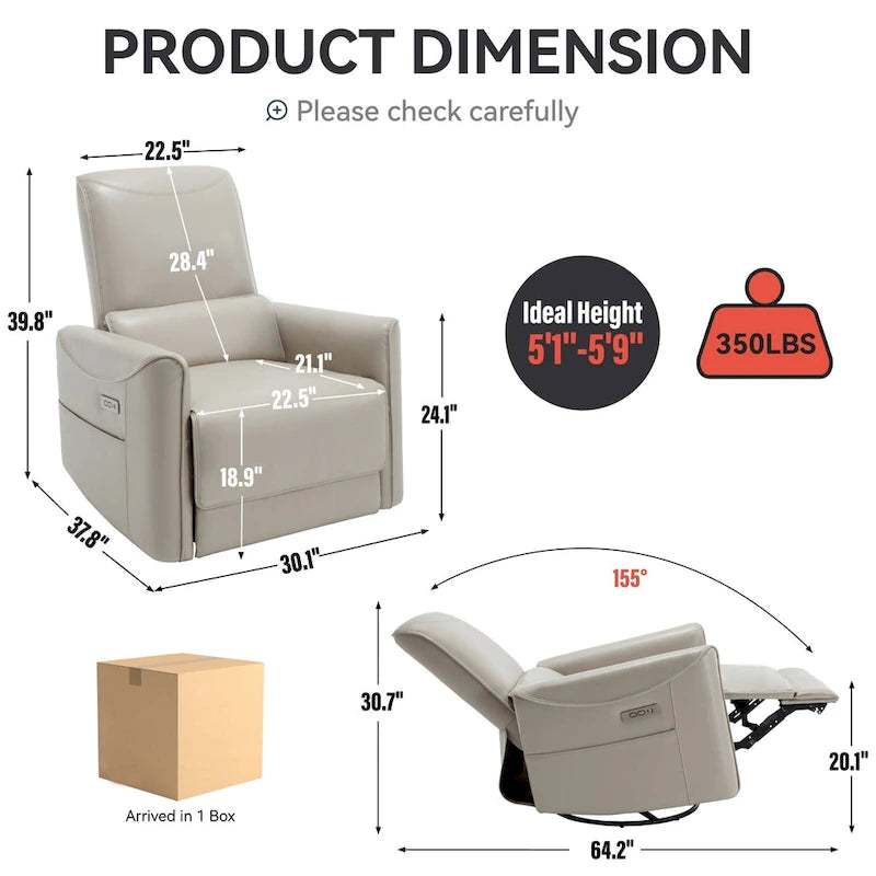 Brown Ergonomic Power Recliner with 270 Swivel, USB & Type-C Charging Ports, and Lumbar Support