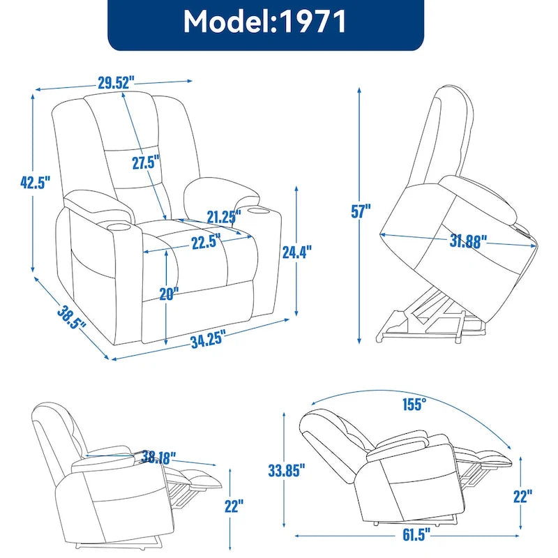 Grey Spacious Power Lift Recliner with Massage, Heat, Dual USB Ports, Type C Charging, and Cup Holders