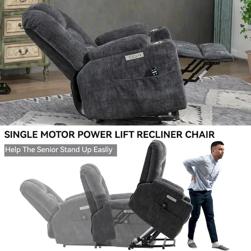 Grey Spacious Power Lift Recliner with Massage, Heat, Dual USB Ports, Type C Charging, and Cup Holders