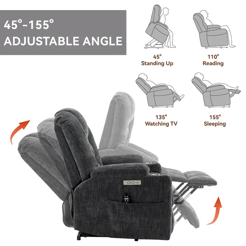 Grey Spacious Power Lift Recliner with Massage, Heat, Dual USB Ports, Type C Charging, and Cup Holders