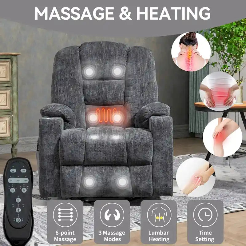 Grey Spacious Power Lift Recliner with Massage, Heat, Dual USB Ports, Type C Charging, and Cup Holders