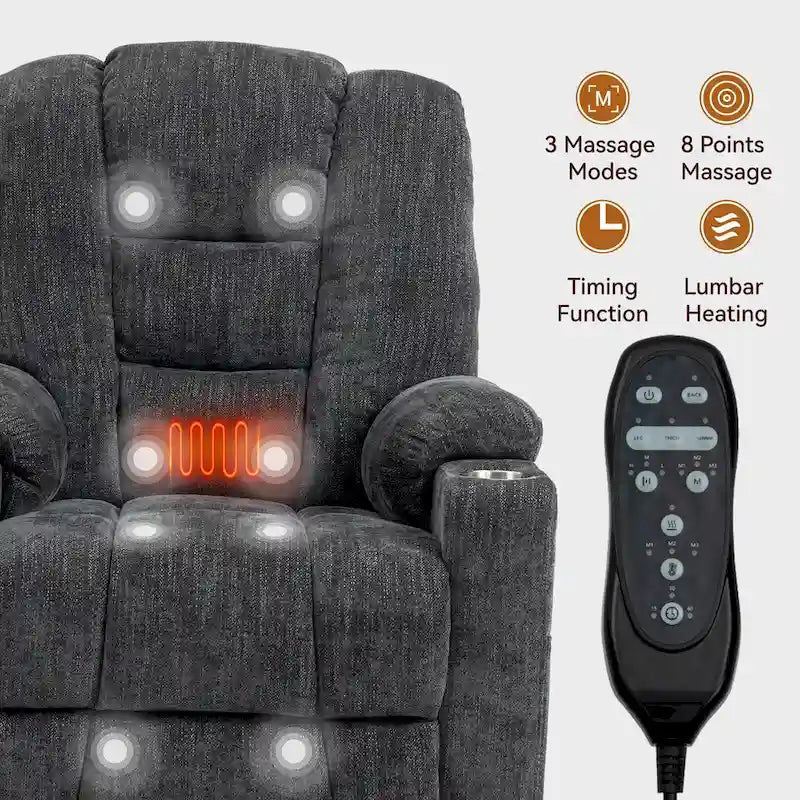 Grey Spacious Power Lift Recliner with Massage, Heat, Dual USB Ports, Type C Charging, and Cup Holders