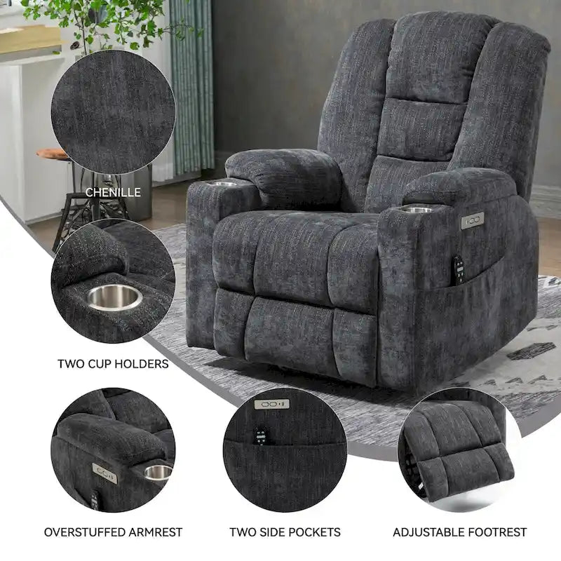 Grey Spacious Power Lift Recliner with Massage, Heat, Dual USB Ports, Type C Charging, and Cup Holders