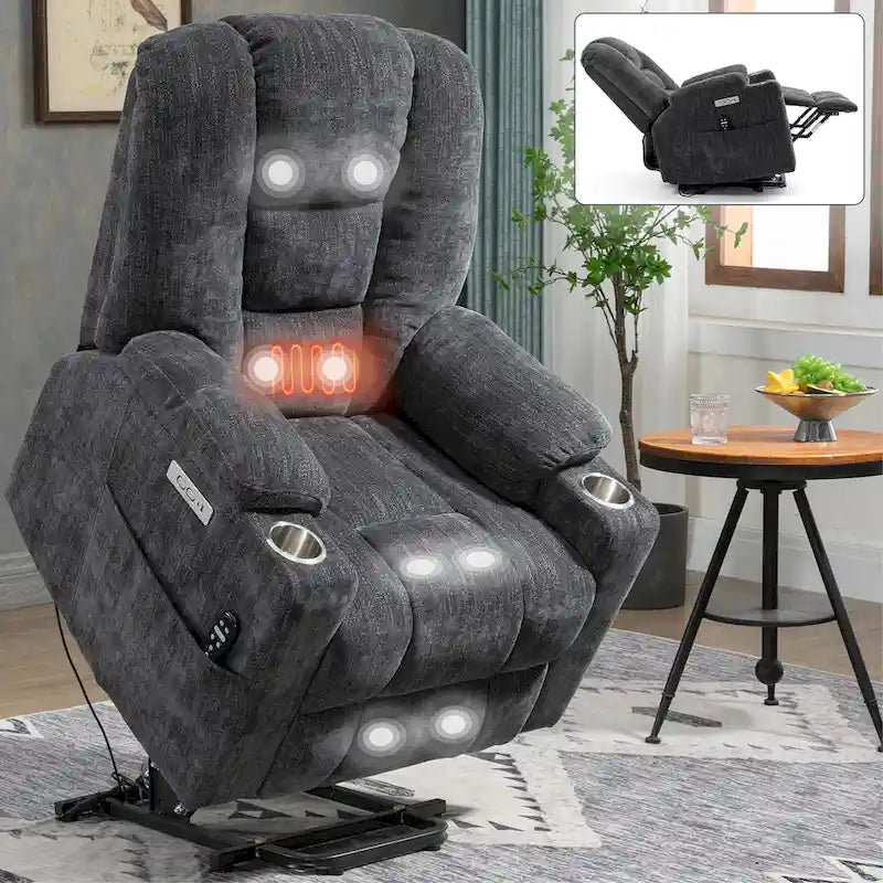 Grey Spacious Power Lift Recliner with Massage, Heat, Dual USB Ports, Type C Charging, and Cup Holders