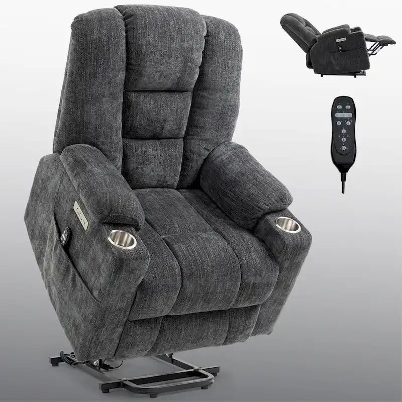 Grey Spacious Power Lift Recliner with Massage, Heat, Dual USB Ports, Type C Charging, and Cup Holders