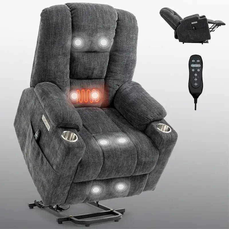 Grey Spacious Power Lift Recliner with Massage, Heat, Dual USB Ports, Type C Charging, and Cup Holders