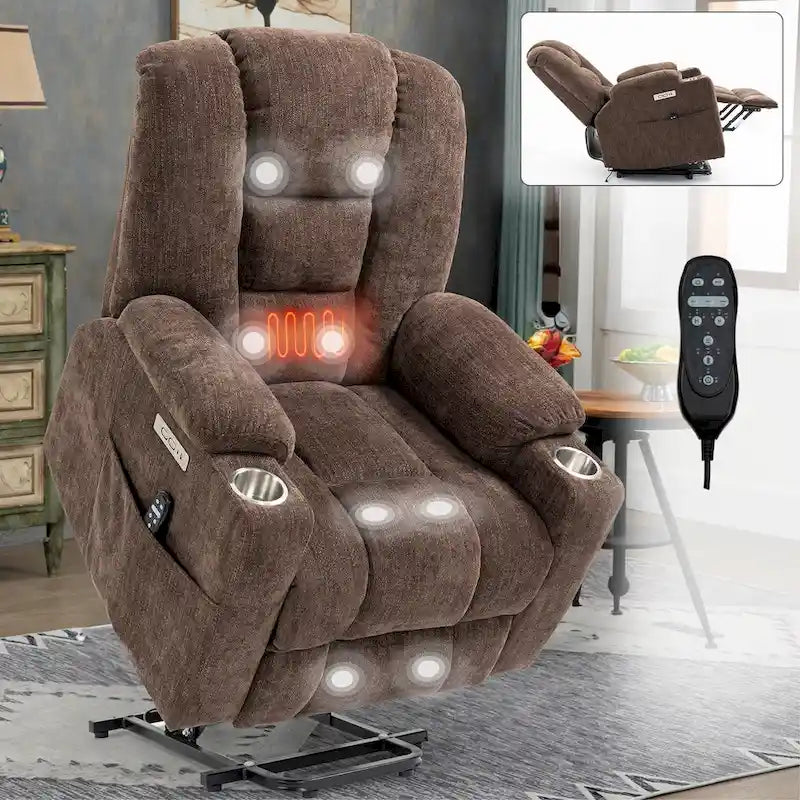 Grey Spacious Power Lift Recliner with Massage, Heat, Dual USB Ports, Type C Charging, and Cup Holders