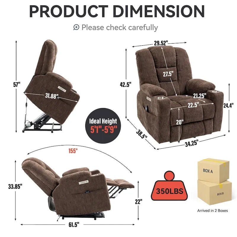 Grey Spacious Power Lift Recliner with Massage, Heat, Dual USB Ports, Type C Charging, and Cup Holders