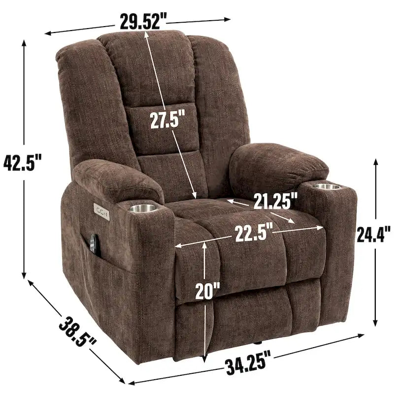 Grey Spacious Power Lift Recliner with Massage, Heat, Dual USB Ports, Type C Charging, and Cup Holders