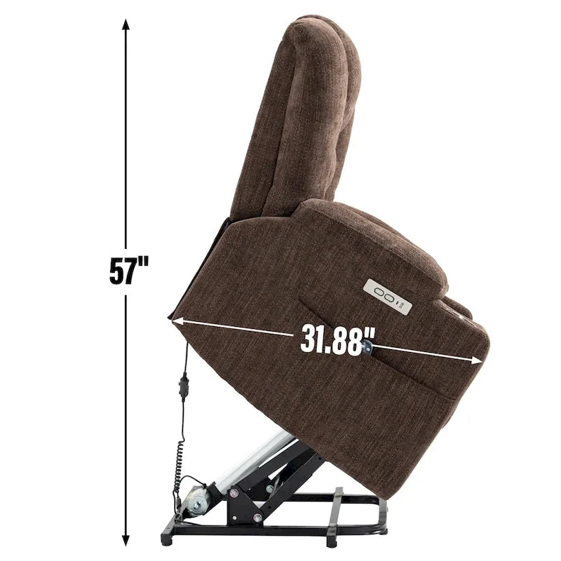 Grey Spacious Power Lift Recliner with Massage, Heat, Dual USB Ports, Type C Charging, and Cup Holders