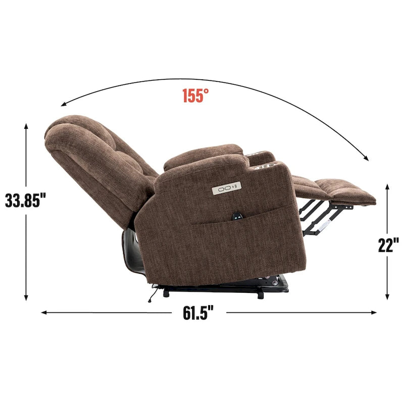Grey Spacious Power Lift Recliner with Massage, Heat, Dual USB Ports, Type C Charging, and Cup Holders