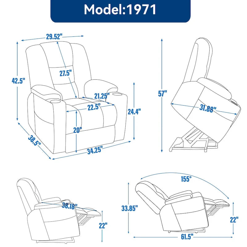 Grey Spacious Power Lift Recliner with Massage, Heat, Dual USB Ports, Type C Charging, and Cup Holders