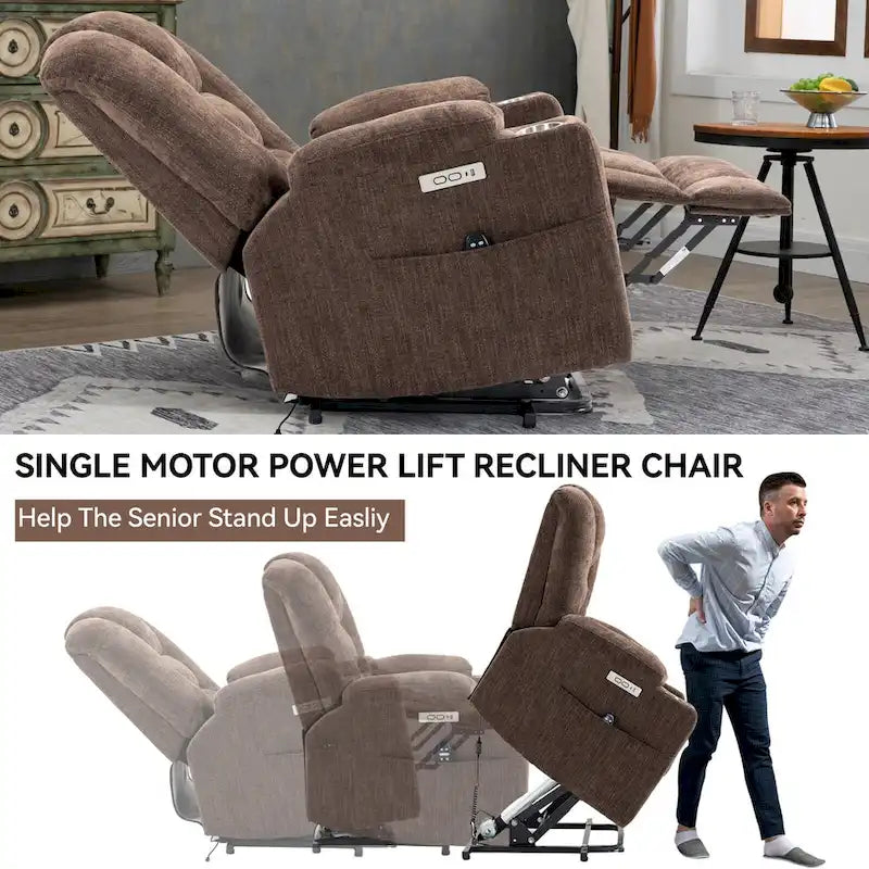 Grey Spacious Power Lift Recliner with Massage, Heat, Dual USB Ports, Type C Charging, and Cup Holders