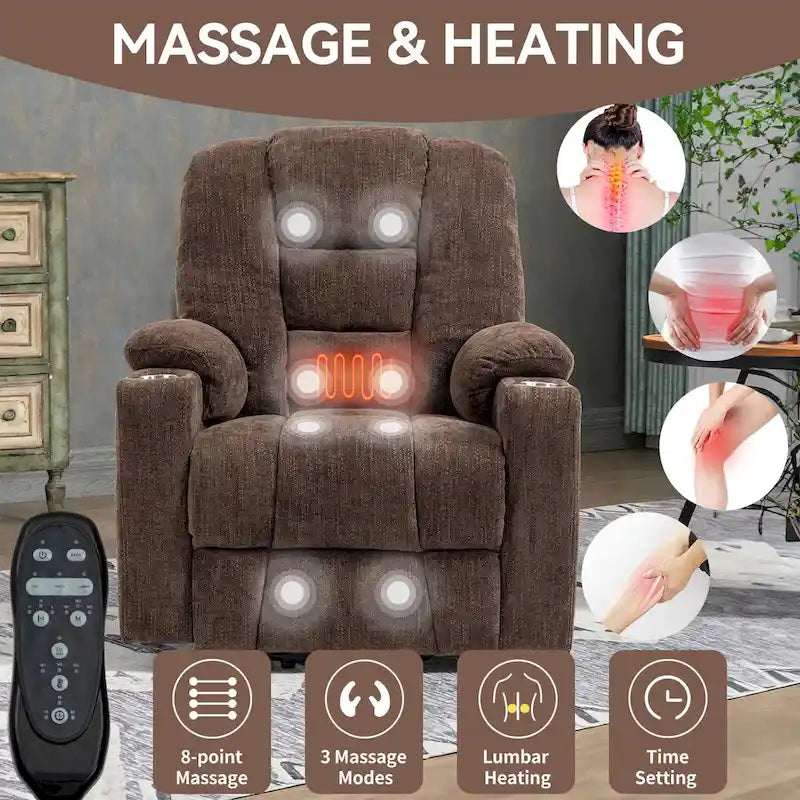 Grey Spacious Power Lift Recliner with Massage, Heat, Dual USB Ports, Type C Charging, and Cup Holders