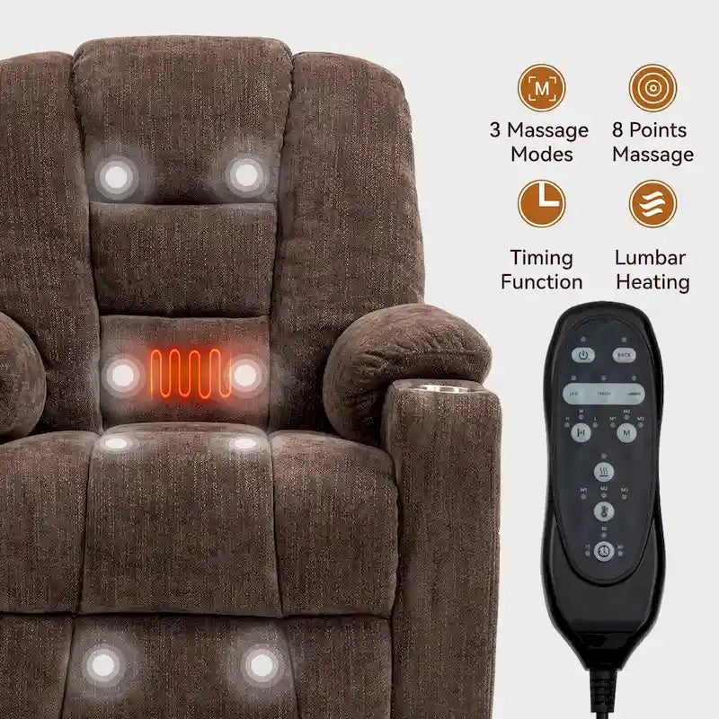 Grey Spacious Power Lift Recliner with Massage, Heat, Dual USB Ports, Type C Charging, and Cup Holders