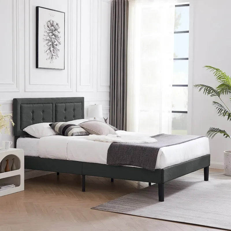 VECELO Bed Frame with Adjustable Headboard, Upholstered Button Tufted Platform Bedframe with Wood Slats Support