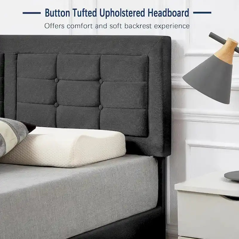 VECELO Bed Frame with Adjustable Headboard, Upholstered Button Tufted Platform Bedframe with Wood Slats Support