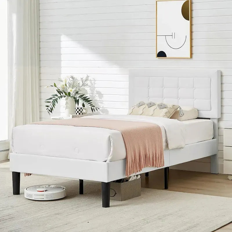 VECELO Bed Frame with Adjustable Headboard, Upholstered Button Tufted Platform Bedframe with Wood Slats Support