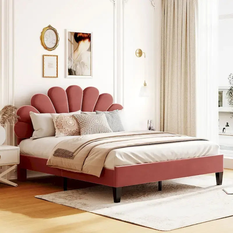 Upholstered Platform Bed with Flower Pattern Headboard