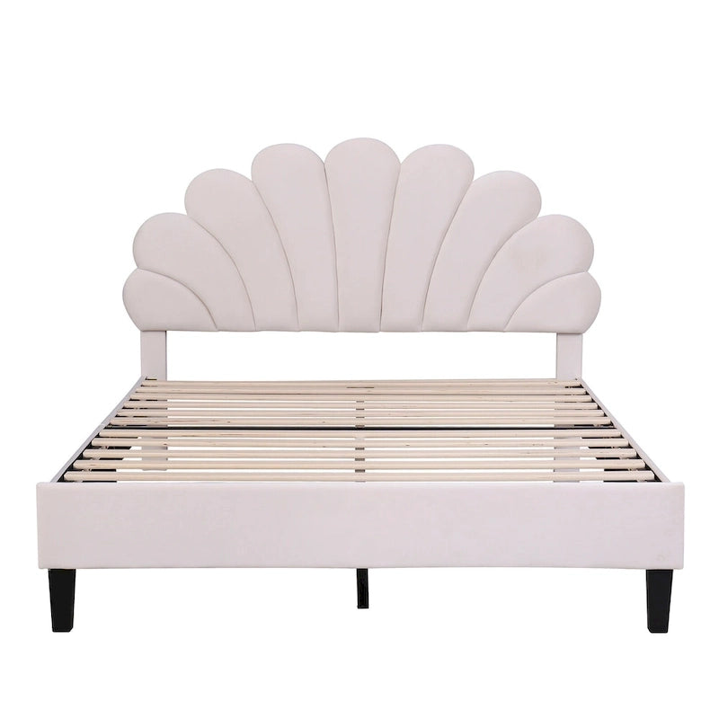 Upholstered Platform Bed with Flower Pattern Headboard