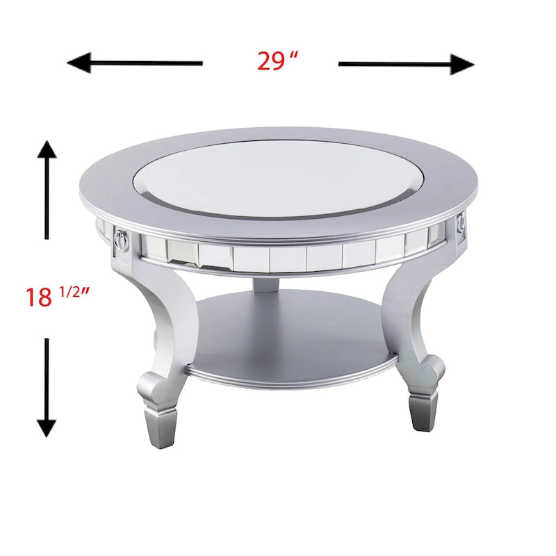 SEI Furniture Olivia Contemporary Mirrored Round Coffee Table in Matte Silver Details and Shelf
