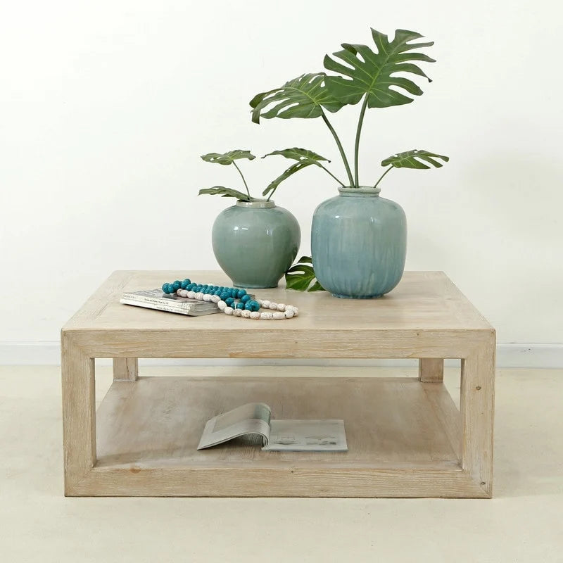 Artissance 39.4L Square Weathered White Washed Wood Indoor Peking Grand Framed Coffee Table