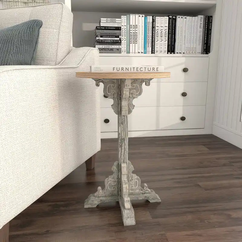 Wood Scroll Intricately Carved Accent or End Table with Brown Wood Top - Gray, White, Cream - Roche River Decor