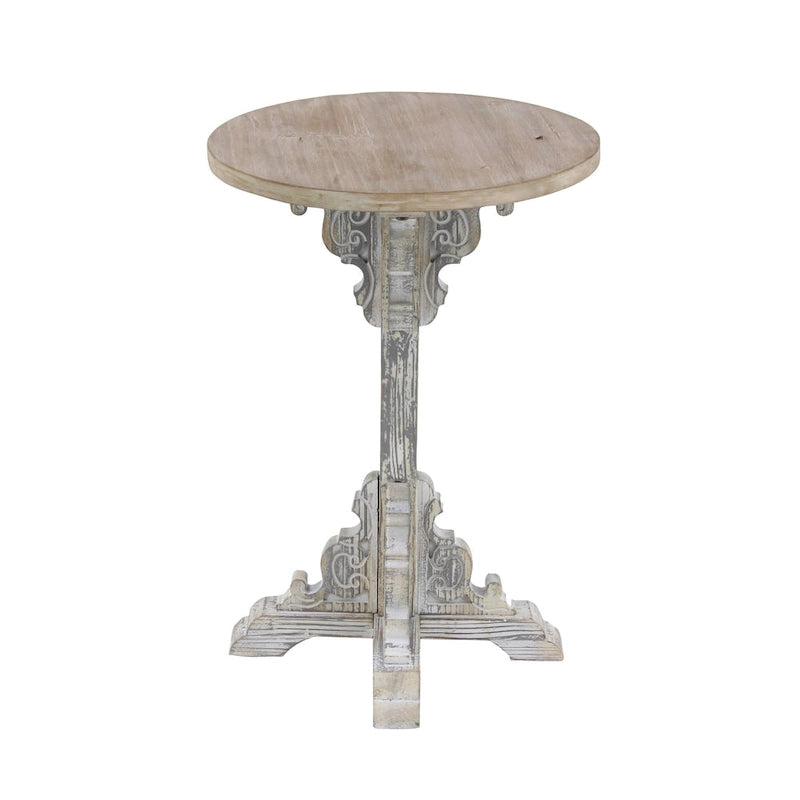 Wood Scroll Intricately Carved Accent or End Table with Brown Wood Top - Gray, White, Cream - Roche River Decor