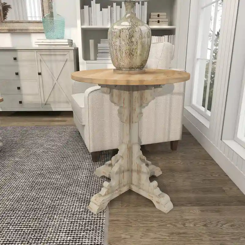 Wood Scroll Intricately Carved Accent or End Table with Brown Wood Top - Gray, White, Cream - Roche River Decor