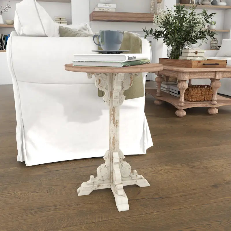 Wood Scroll Intricately Carved Accent or End Table with Brown Wood Top - Gray, White, Cream - Roche River Decor