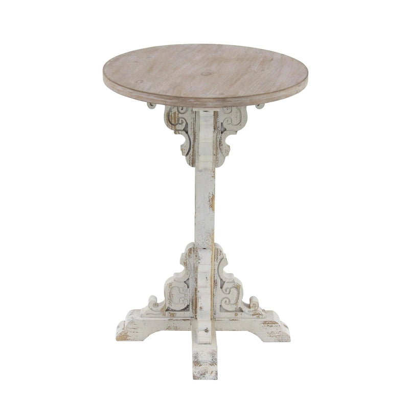 Wood Scroll Intricately Carved Accent or End Table with Brown Wood Top - Gray, White, Cream - Roche River Decor