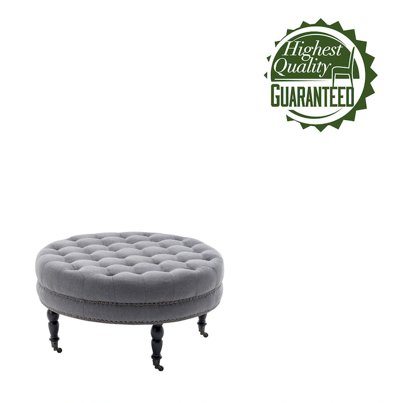 Porthos Home Indy Fabric Round Cocktail Ottoman with Rubberwood Legs and Wheels