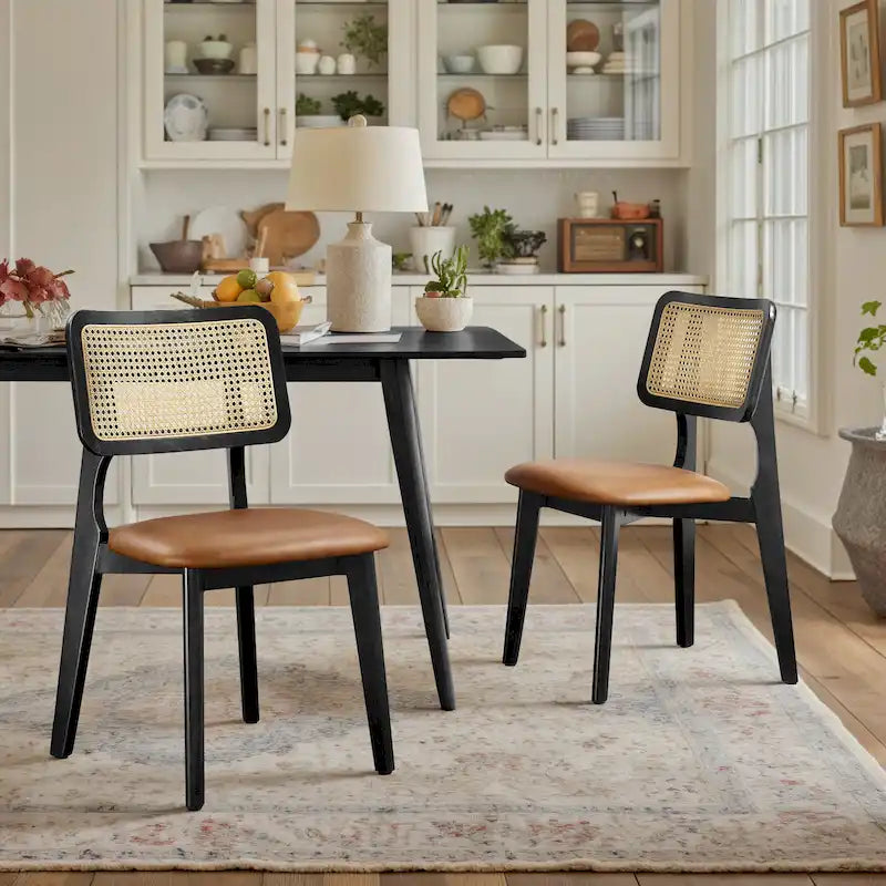 Art Leon Cane Backrest Leather Dining Chairs (Set of 2)