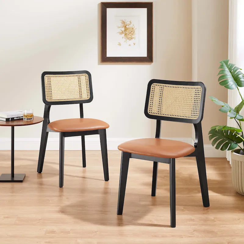 Art Leon Cane Backrest Leather Dining Chairs (Set of 2)