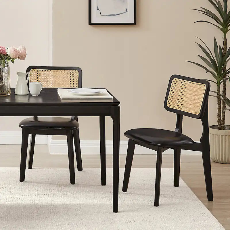Art Leon Cane Backrest Leather Dining Chairs (Set of 2)