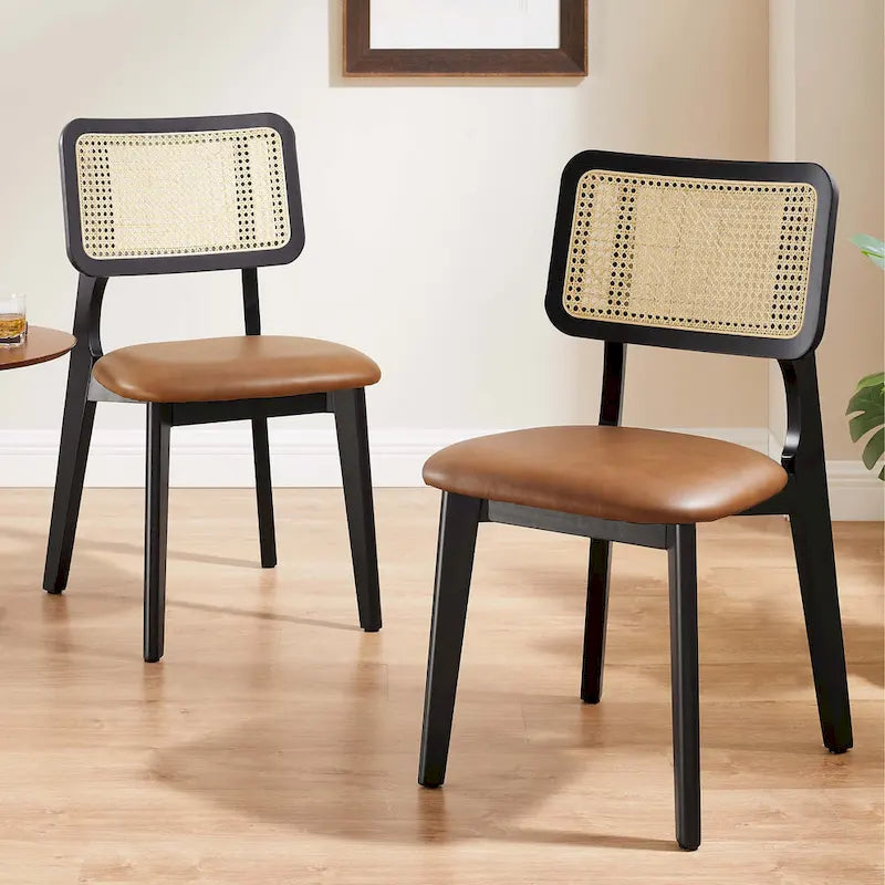 Art Leon Cane Backrest Leather Dining Chairs (Set of 2)