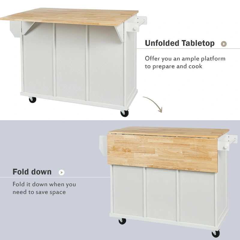 53 in. Rubber Wood Drop-Leaf Countertop Kitchen Island on 5 Wheels with Storage Cabinet and 3 Drawers - 53