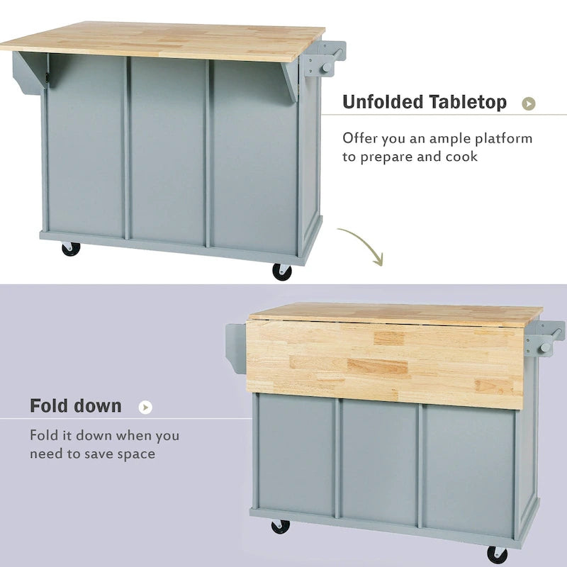 53 in. Rubber Wood Drop-Leaf Countertop Kitchen Island on 5 Wheels with Storage Cabinet and 3 Drawers - 53