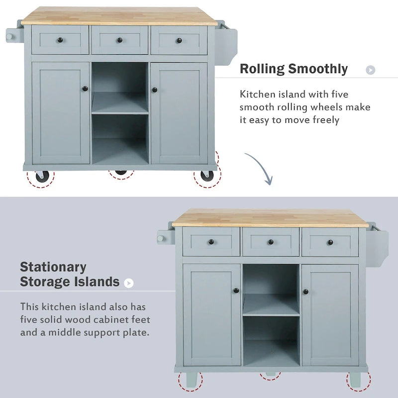 53 in. Rubber Wood Drop-Leaf Countertop Kitchen Island on 5 Wheels with Storage Cabinet and 3 Drawers - 53