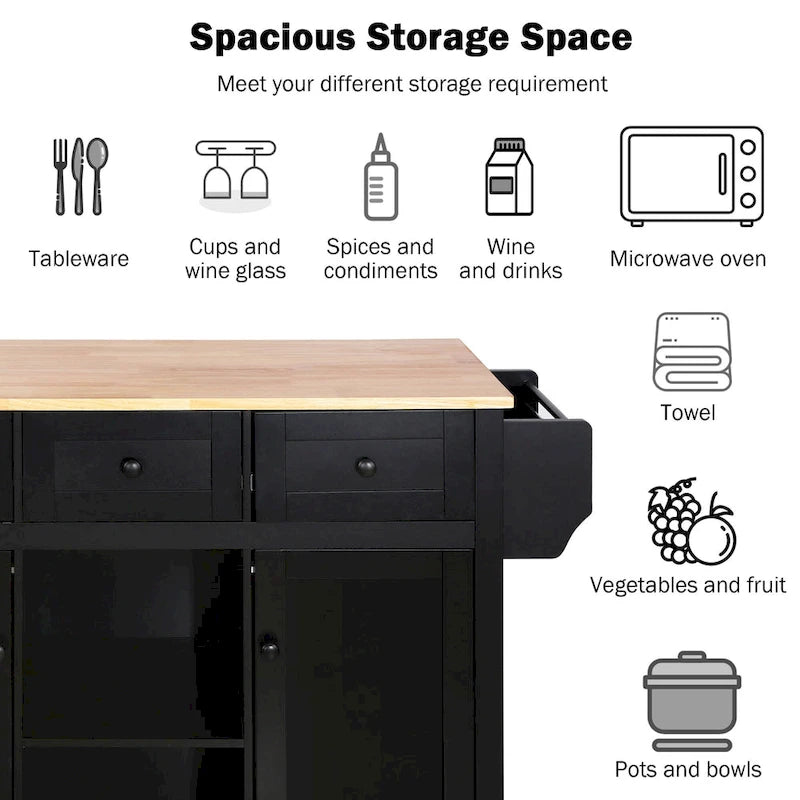 53 in. Rubber Wood Drop-Leaf Countertop Kitchen Island on 5 Wheels with Storage Cabinet and 3 Drawers - 53
