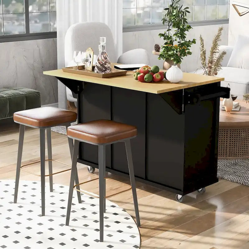 53 in. Rubber Wood Drop-Leaf Countertop Kitchen Island on 5 Wheels with Storage Cabinet and 3 Drawers - 53