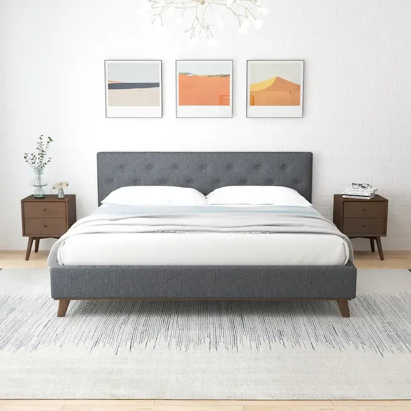 Alina Mid-Century Linen Upholstered Queen/King Platform Bed