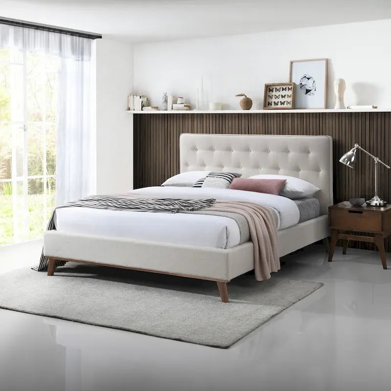Alina Mid-Century Linen Upholstered Queen/King Platform Bed