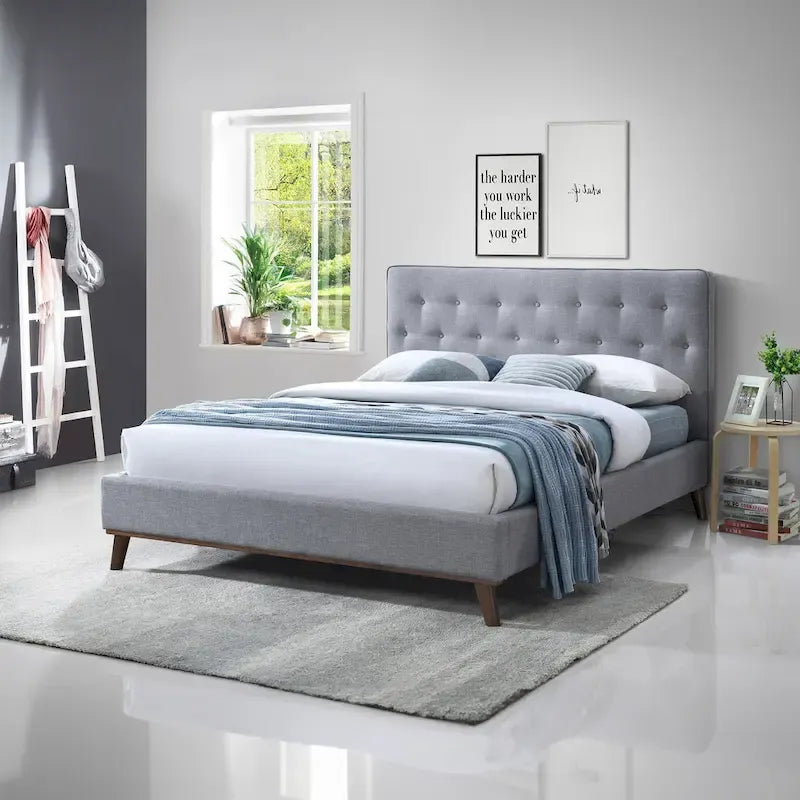 Alina Mid-Century Linen Upholstered Queen/King Platform Bed