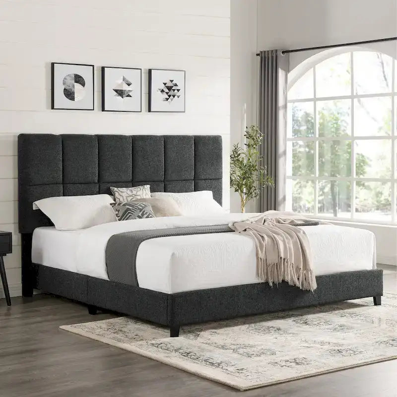 Bridgevine Home Tall Granite Dark Grey Square Headboard Upholstered Platform Bed