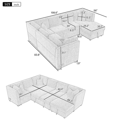 108.6 U-shaped Sectional Sofa Pull out Sofa Bed with Two USB Ports, Two Power Sockets, Three Back Pillows and a Storage Chaise