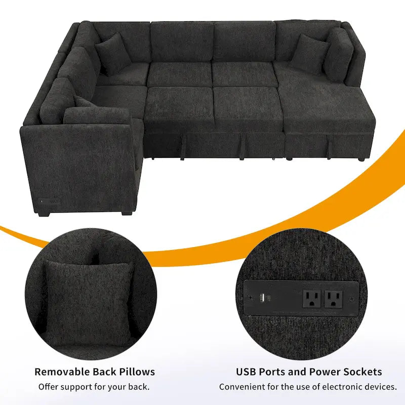 108.6 U-shaped Sectional Sofa Pull out Sofa Bed with Two USB Ports, Two Power Sockets, Three Back Pillows and a Storage Chaise