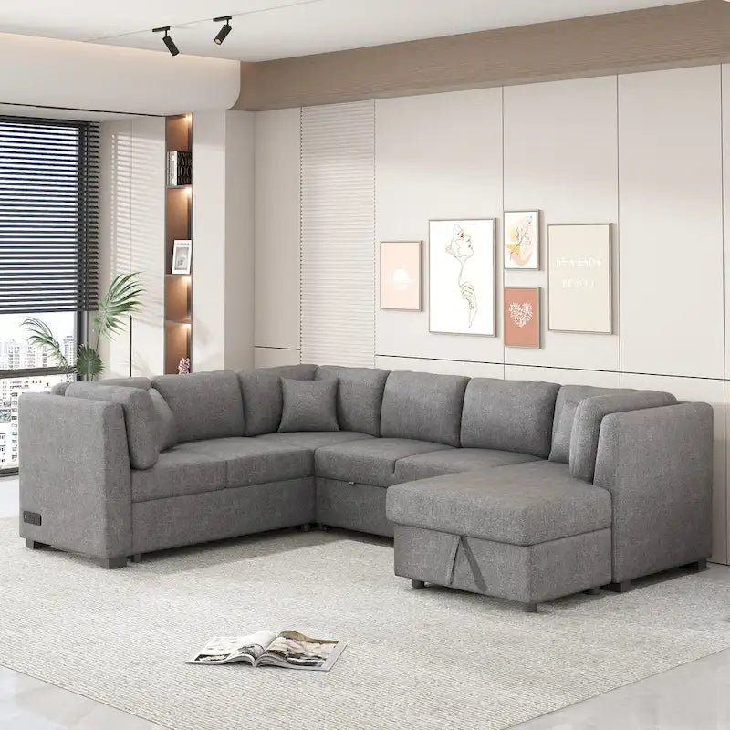 108.6 U-shaped Sectional Sofa Pull out Sofa Bed with Two USB Ports, Two Power Sockets, Three Back Pillows and a Storage Chaise