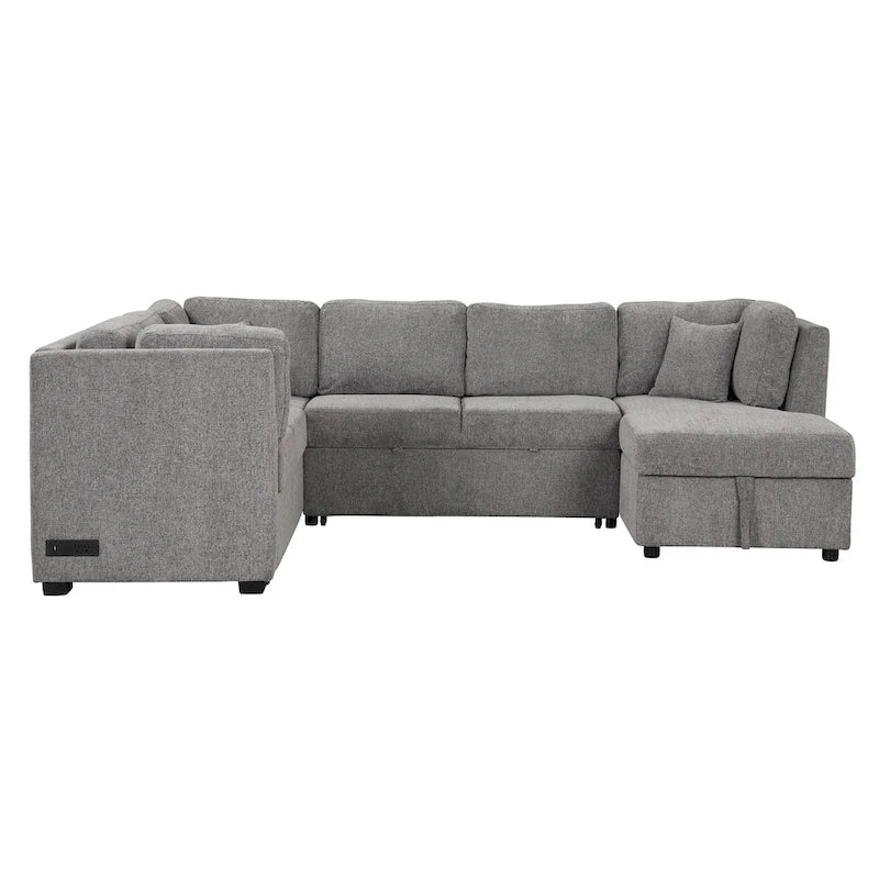 108.6 U-shaped Sectional Sofa Pull out Sofa Bed with Two USB Ports, Two Power Sockets, Three Back Pillows and a Storage Chaise