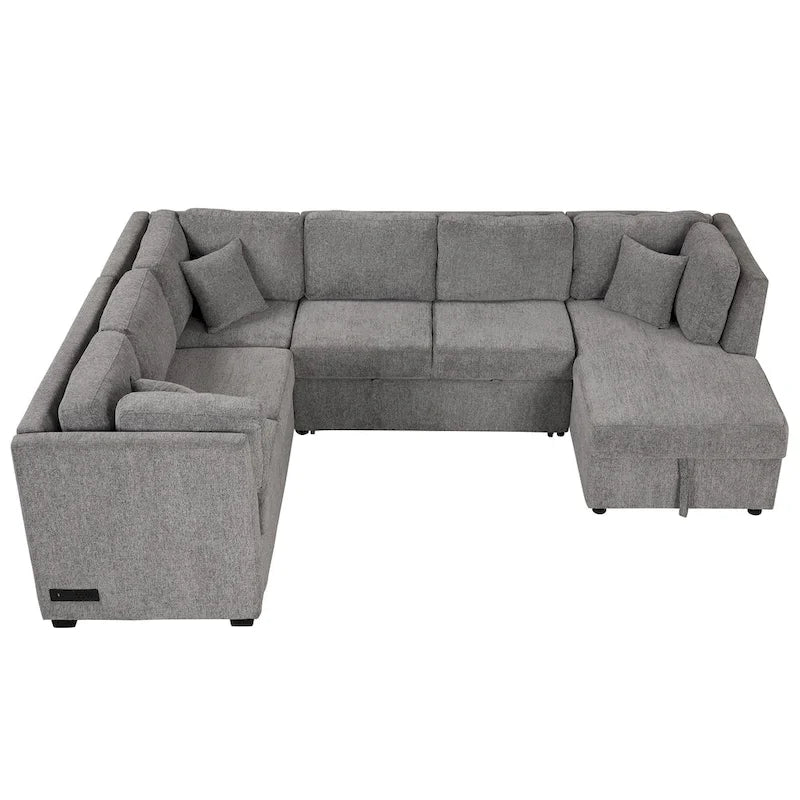 108.6 U-shaped Sectional Sofa Pull out Sofa Bed with Two USB Ports, Two Power Sockets, Three Back Pillows and a Storage Chaise
